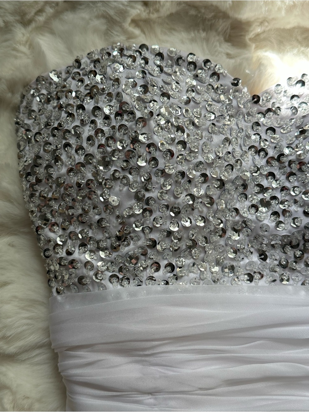 Women’s Sequin Formal Strapless White Beaded Chiffon Birthday Party Dress - Picture 3 of 3